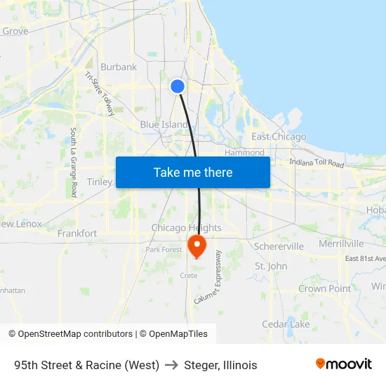 95th Street & Racine (West) to Steger, Illinois map