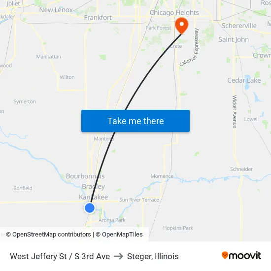 West Jeffery St / S 3rd Ave to Steger, Illinois map
