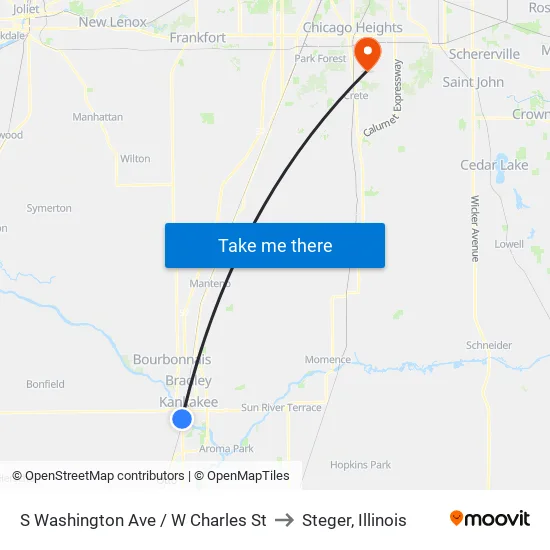 S Washington Ave / W Charles St to Steger, Illinois map