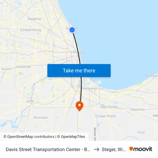 Davis Street Transportation Center - Bus Stop B to Steger, Illinois map