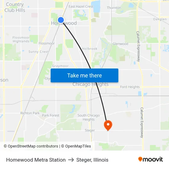 Homewood Metra Station to Steger, Illinois map