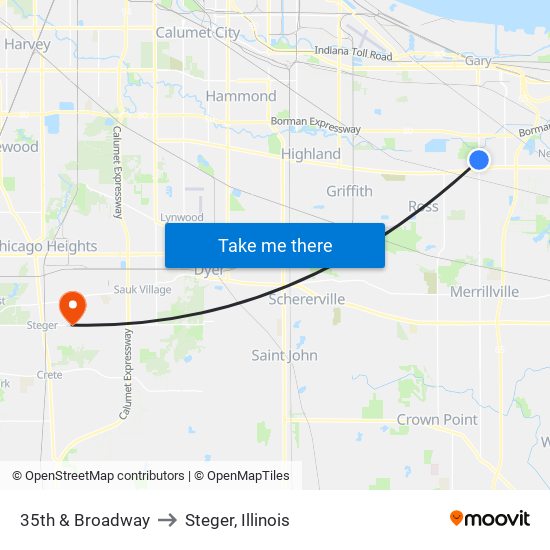 35th & Broadway to Steger, Illinois map