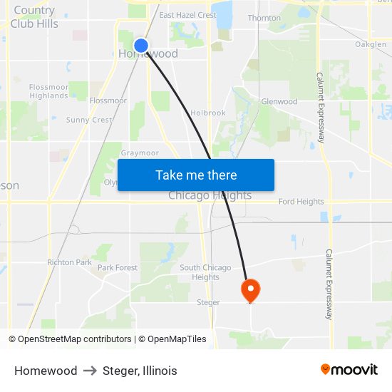 Homewood to Steger, Illinois map