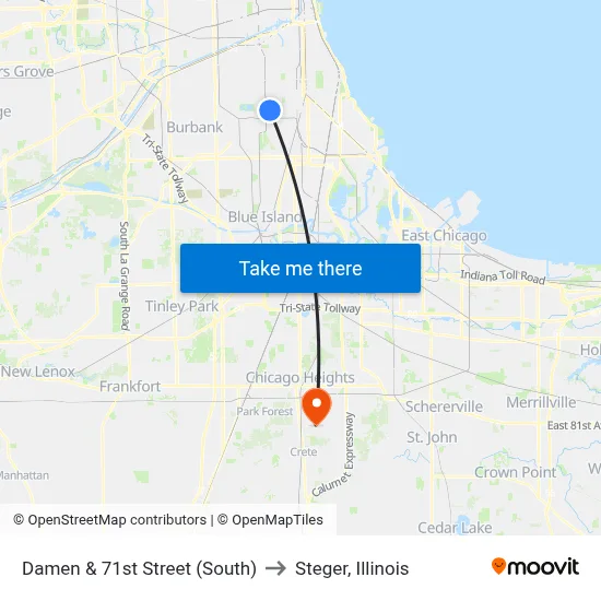 Damen & 71st Street (South) to Steger, Illinois map