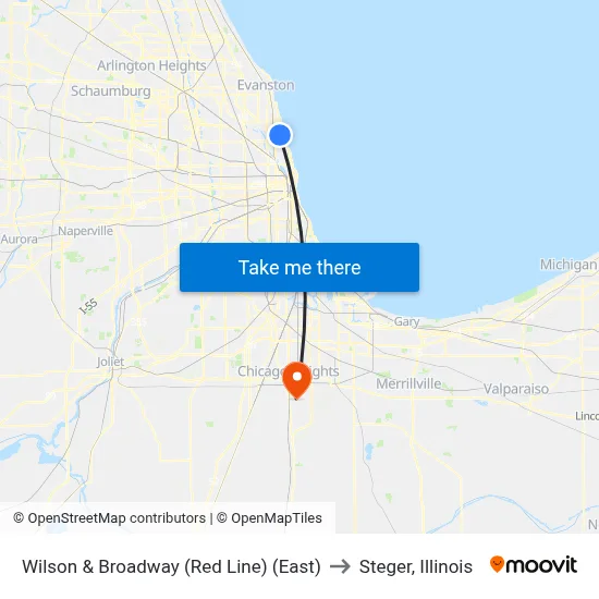 Wilson & Broadway (Red Line) (East) to Steger, Illinois map