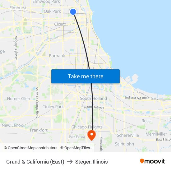 Grand & California (East) to Steger, Illinois map