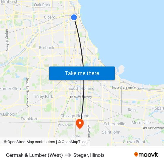 Cermak & Lumber (West) to Steger, Illinois map