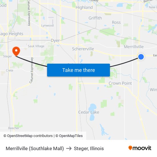 Merrillville (Southlake Mall) to Steger, Illinois map