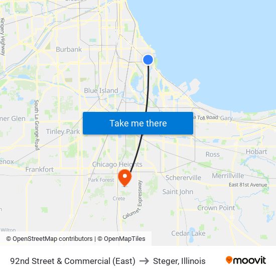 92nd Street & Commercial (East) to Steger, Illinois map