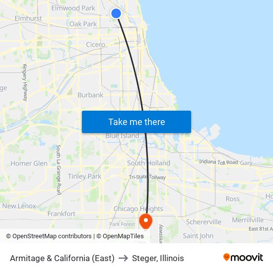 Armitage & California (East) to Steger, Illinois map