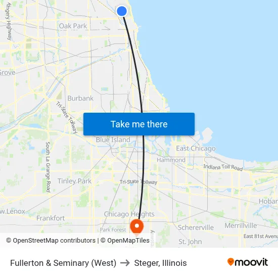 Fullerton & Seminary (West) to Steger, Illinois map