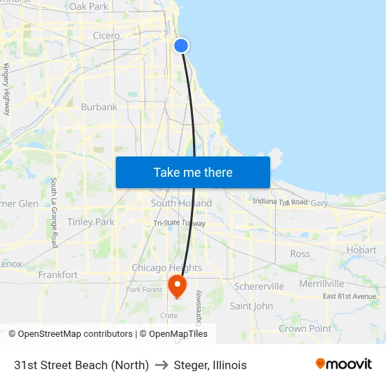31st Street Beach (North) to Steger, Illinois map
