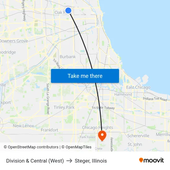 Division & Central (West) to Steger, Illinois map