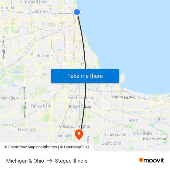 Michigan & Ohio to Steger, Illinois map