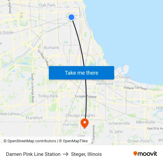 Damen Pink Line Station to Steger, Illinois map