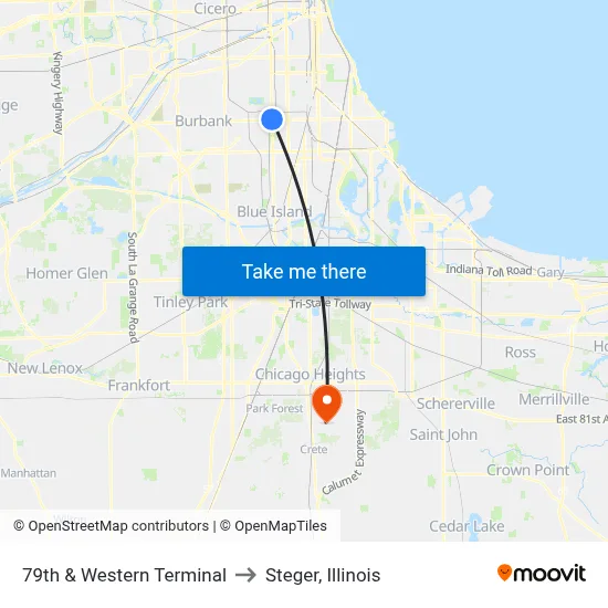 79th & Western Terminal to Steger, Illinois map