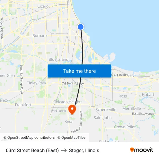 63rd Street Beach (East) to Steger, Illinois map