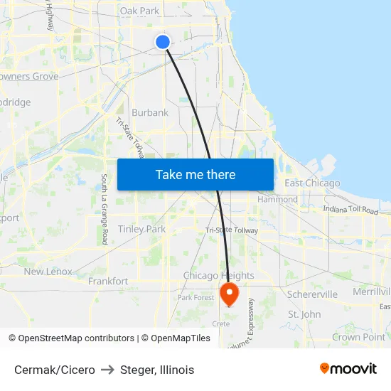 Cermak/Cicero to Steger, Illinois map