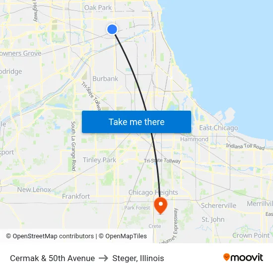 Cermak & 50th Avenue to Steger, Illinois map