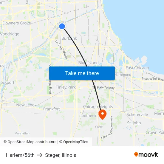 Harlem/56th to Steger, Illinois map