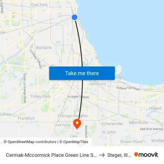 Cermak-Mccormick Place Green Line Station (East) to Steger, Illinois map