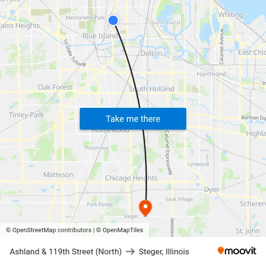 Ashland & 119th Street (North) to Steger, Illinois map