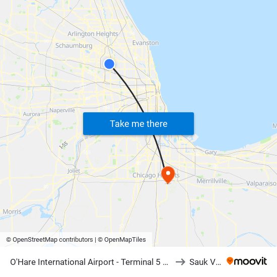 O'Hare International Airport - Terminal 5 Arrivals/Departures to Sauk Village map