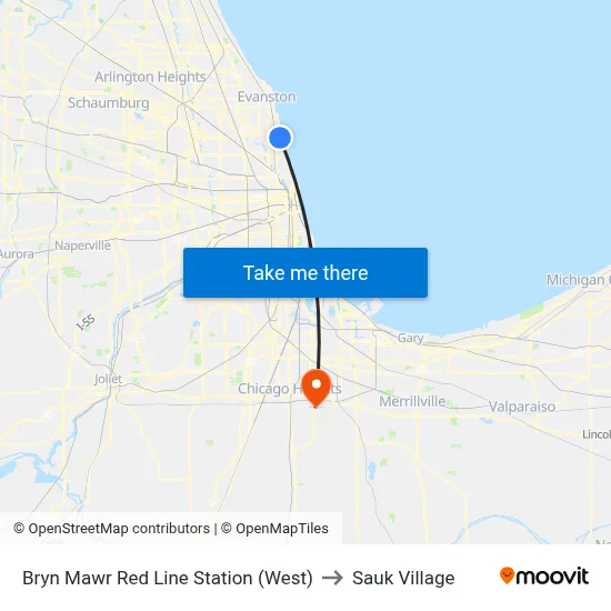 Bryn Mawr Red Line Station (West) to Sauk Village map