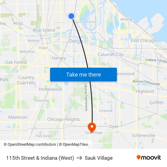 115th Street & Indiana (West) to Sauk Village map