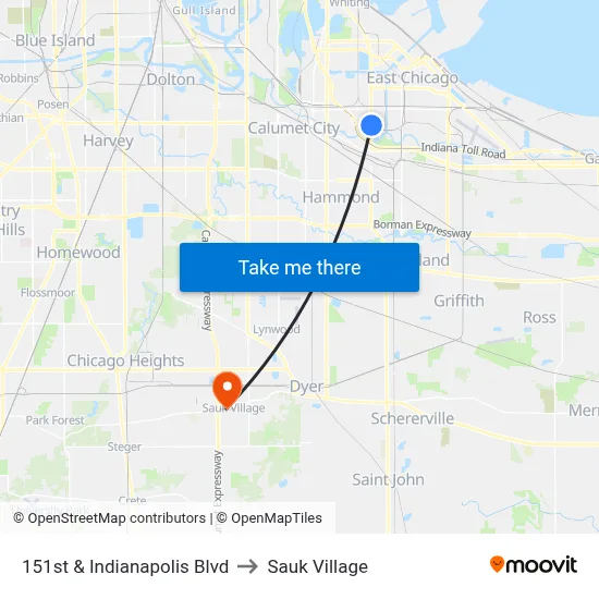 151st & Indianapolis Blvd to Sauk Village map