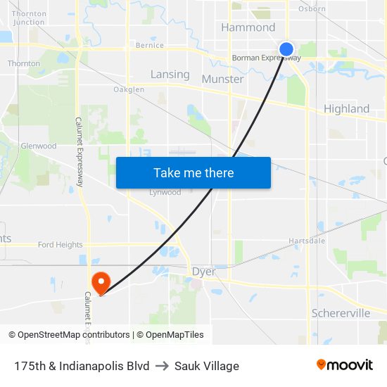 175th & Indianapolis Blvd to Sauk Village map