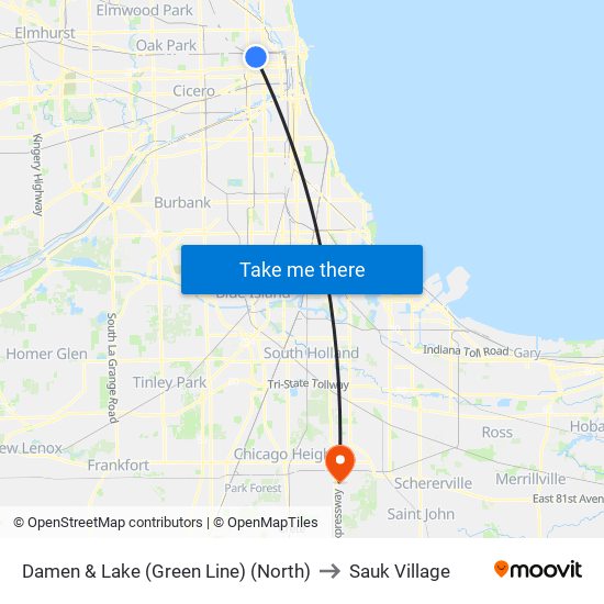 Damen & Lake (Green Line) (North) to Sauk Village map