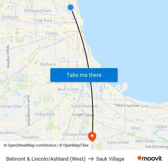 Belmont & Lincoln/Ashland (West) to Sauk Village map