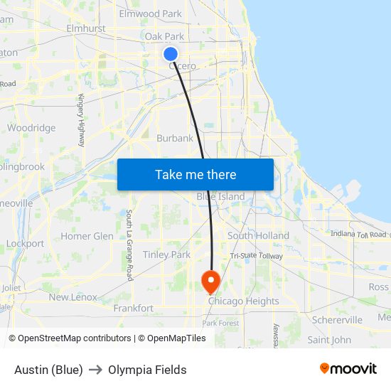 Austin (Blue) to Olympia Fields map