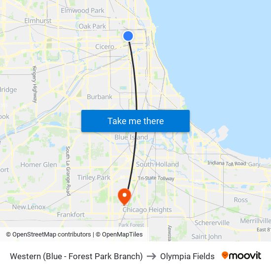 Western (Blue - Forest Park Branch) to Olympia Fields map