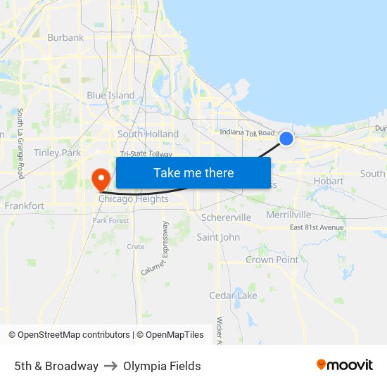 5th & Broadway to Olympia Fields map