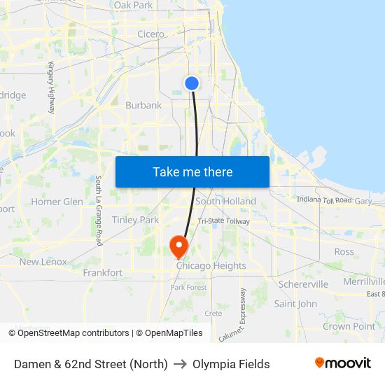 Damen & 62nd Street (North) to Olympia Fields map