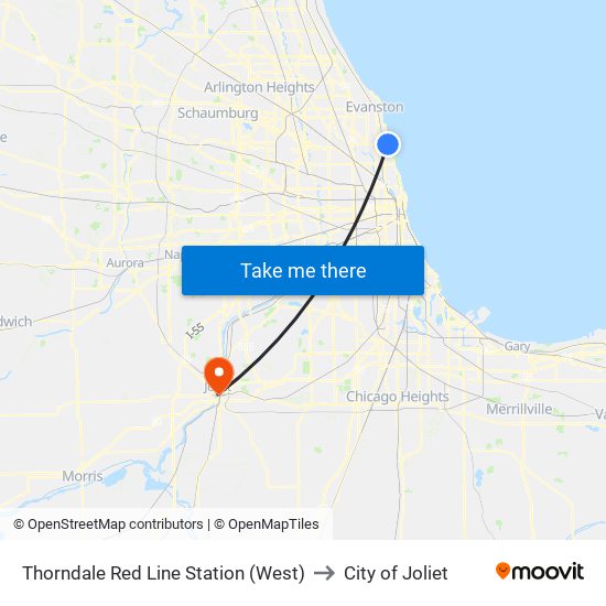 Thorndale Red Line Station (West) to City of Joliet map