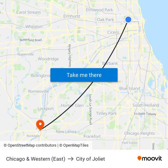 Chicago & Western (East) to City of Joliet map