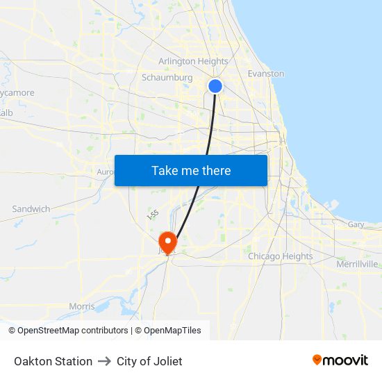 Oakton Station to City of Joliet map