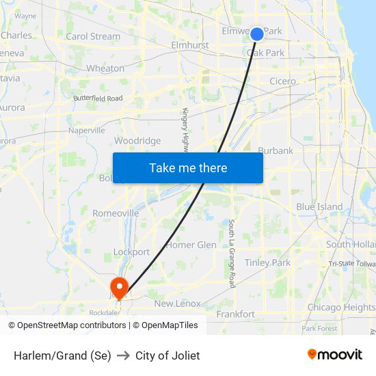 Harlem/Grand (Se) to City of Joliet map