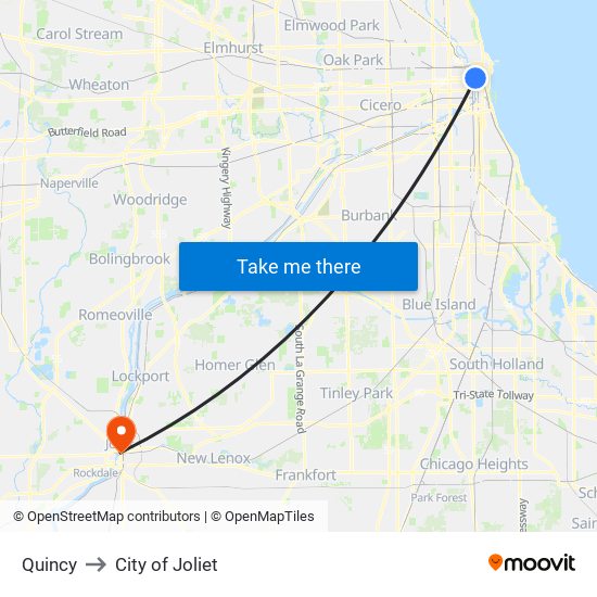 Quincy to City of Joliet map