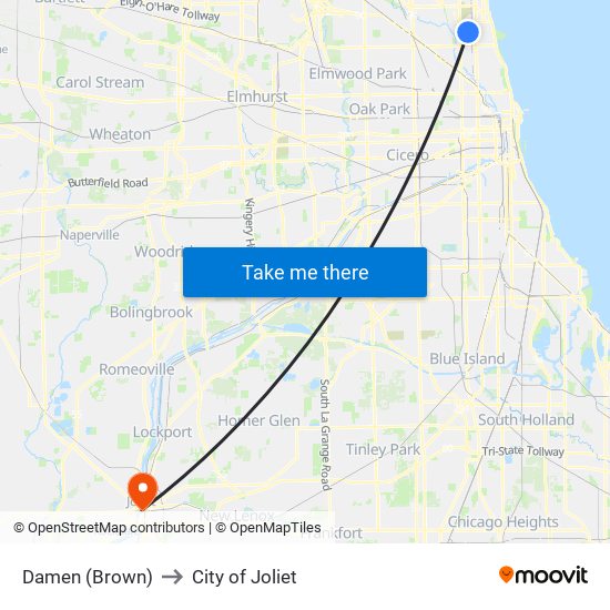 Damen (Brown) to City of Joliet map