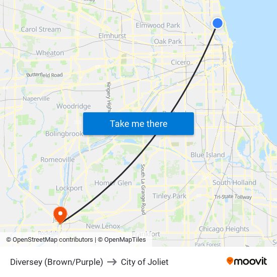 Diversey (Brown/Purple) to City of Joliet map