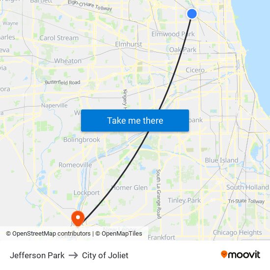Jefferson Park to City of Joliet map