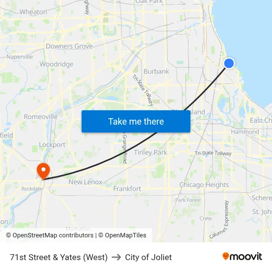 71st Street & Yates (West) to City of Joliet map