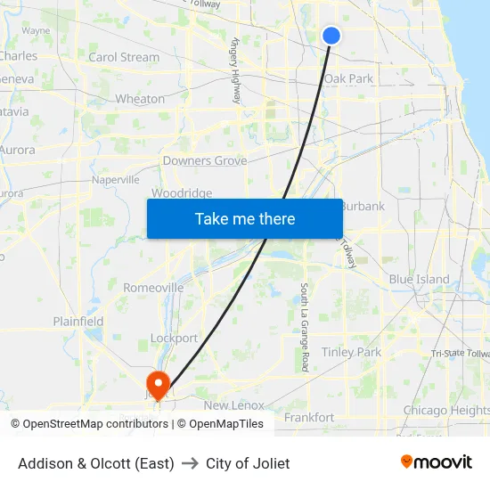 Addison & Olcott (East) to City of Joliet map