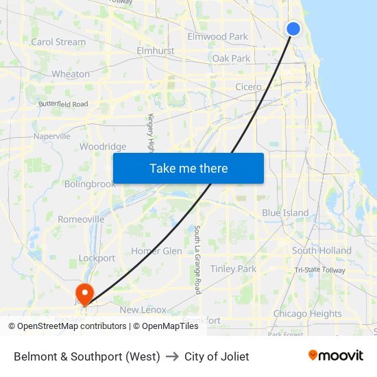 Belmont & Southport (West) to City of Joliet map