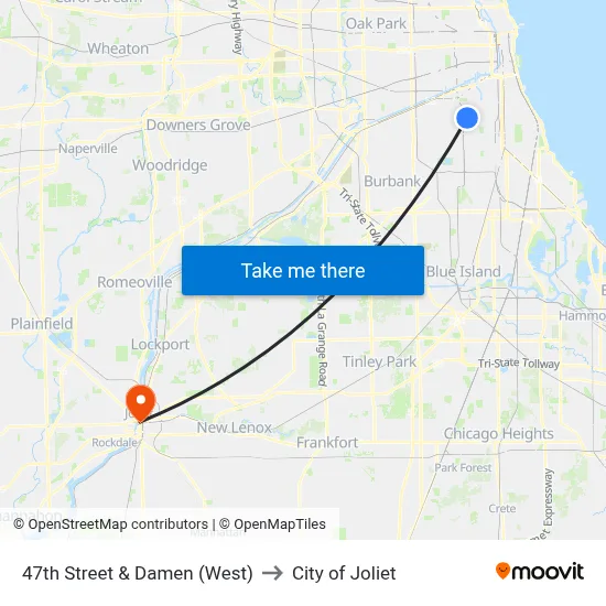 47th Street & Damen (West) to City of Joliet map