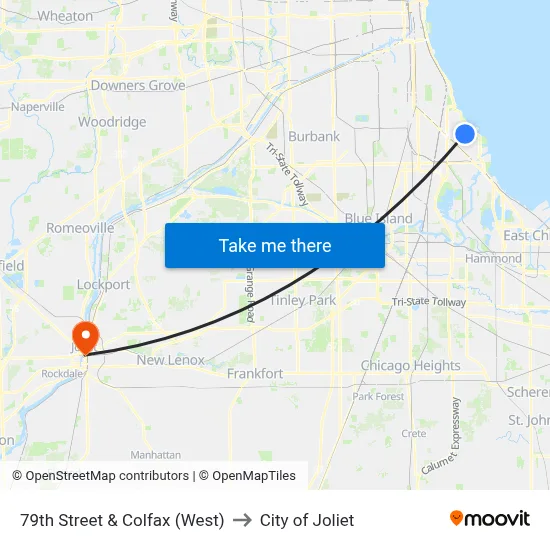 79th Street & Colfax (West) to City of Joliet map